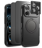 [Bundle] iPhone 18 Pro / Pro Max | Alles + Privacy Protectors - Three views of a black Ringke protective phone case with a built-in circular magnetic ring on the back, shown alongside a black camera lens protector and a smartphone with a blue patterned screen.
