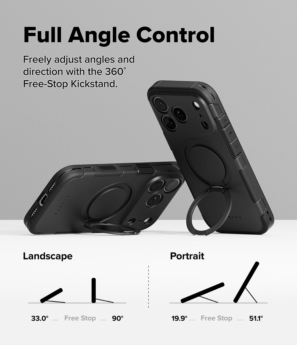 iPhone 18 Pro / Pro Max Case Alles all-groups - Black protective phone case with a built-in kickstand, shown from multiple angles with text explaining full-angle control and landscape/portrait positions on a light gray background.