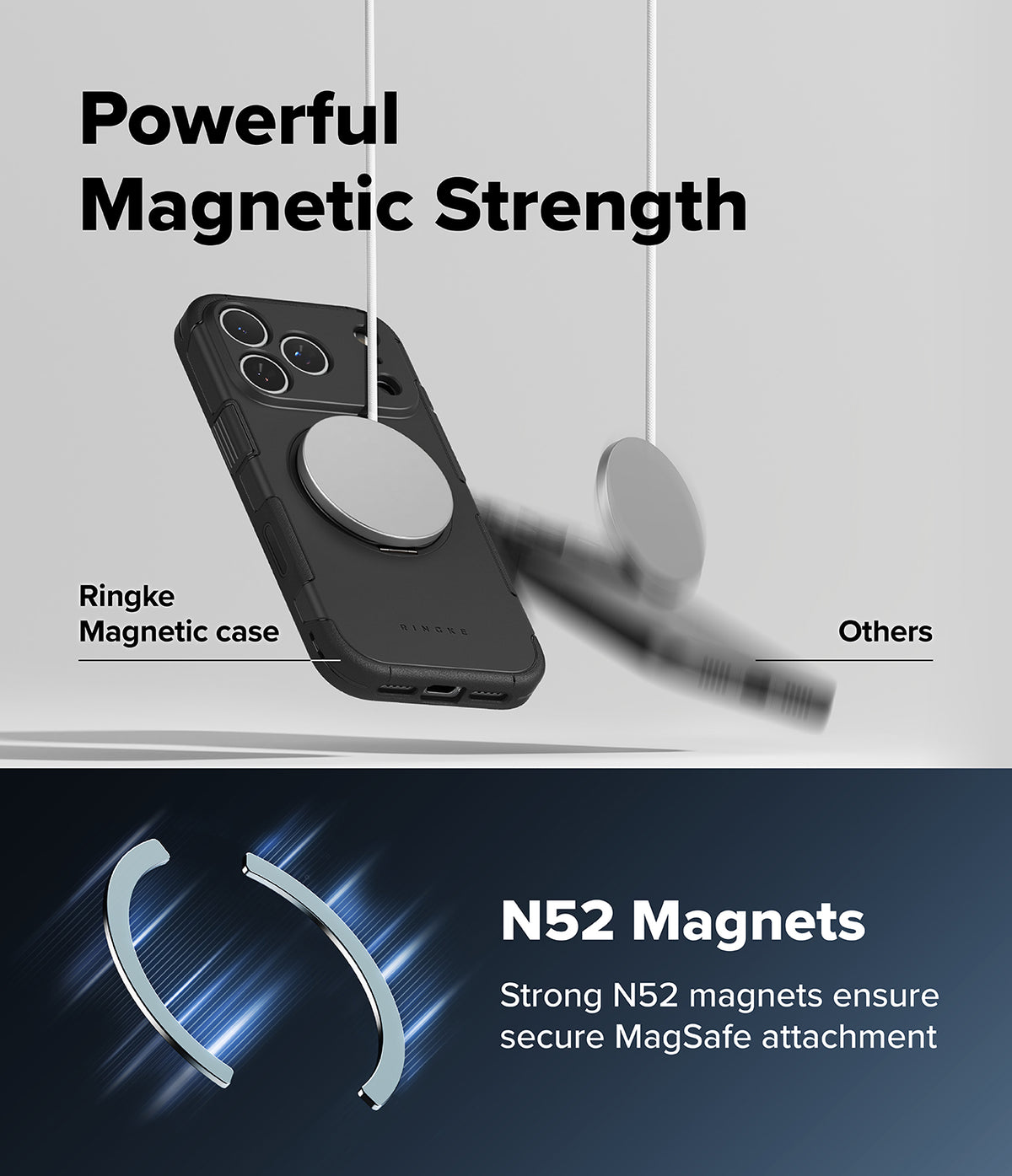 iPhone 18 Pro / Pro Max Case Alles all-groups - Promotional graphic for a black magnetic phone case with a circular MagSafe ring, showing the case floating above a phone. Text reads 'Powerful Magnetic Strength' and 'Ringke Magnetic case,' with a blurred comparison object labeled 'Others.