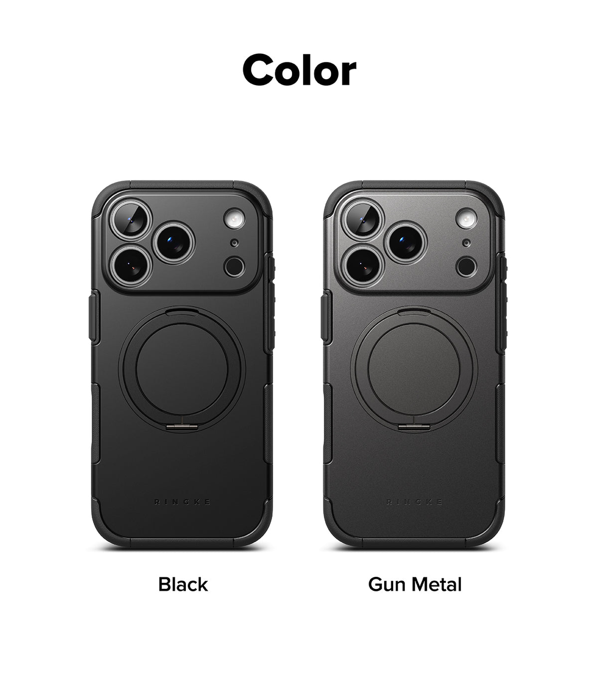 iPhone 18 Pro / Pro Max Case Alles all-groups - Two phone cases, one black and one gun metal, on a white background with 'Color' text above.