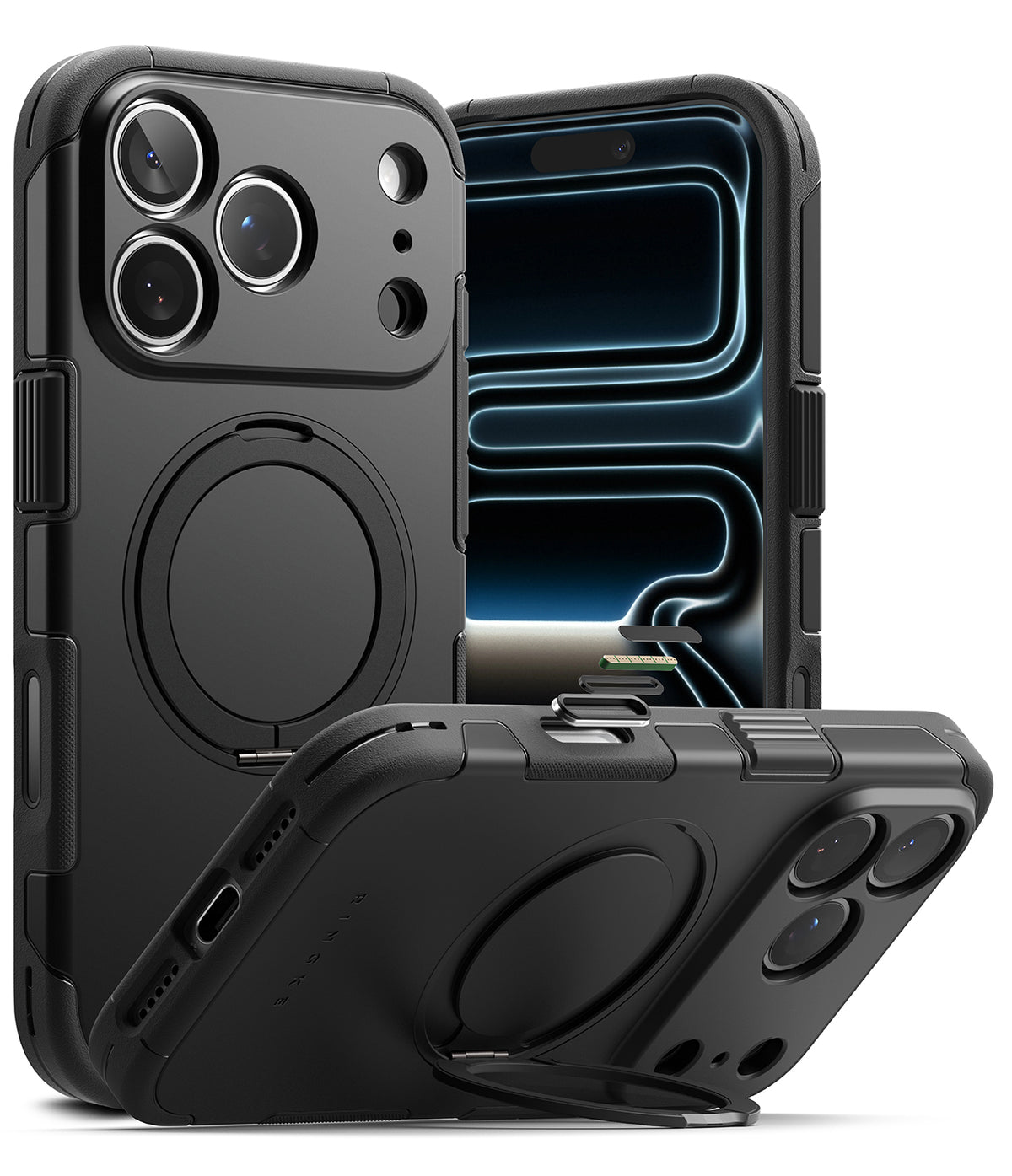 iPhone 18 Pro Max Case | Alles - A rugged black protective phone case shown from multiple angles on a white background, featuring a built-in circular MagSafe-compatible ring, camera cutout, and kickstand function.