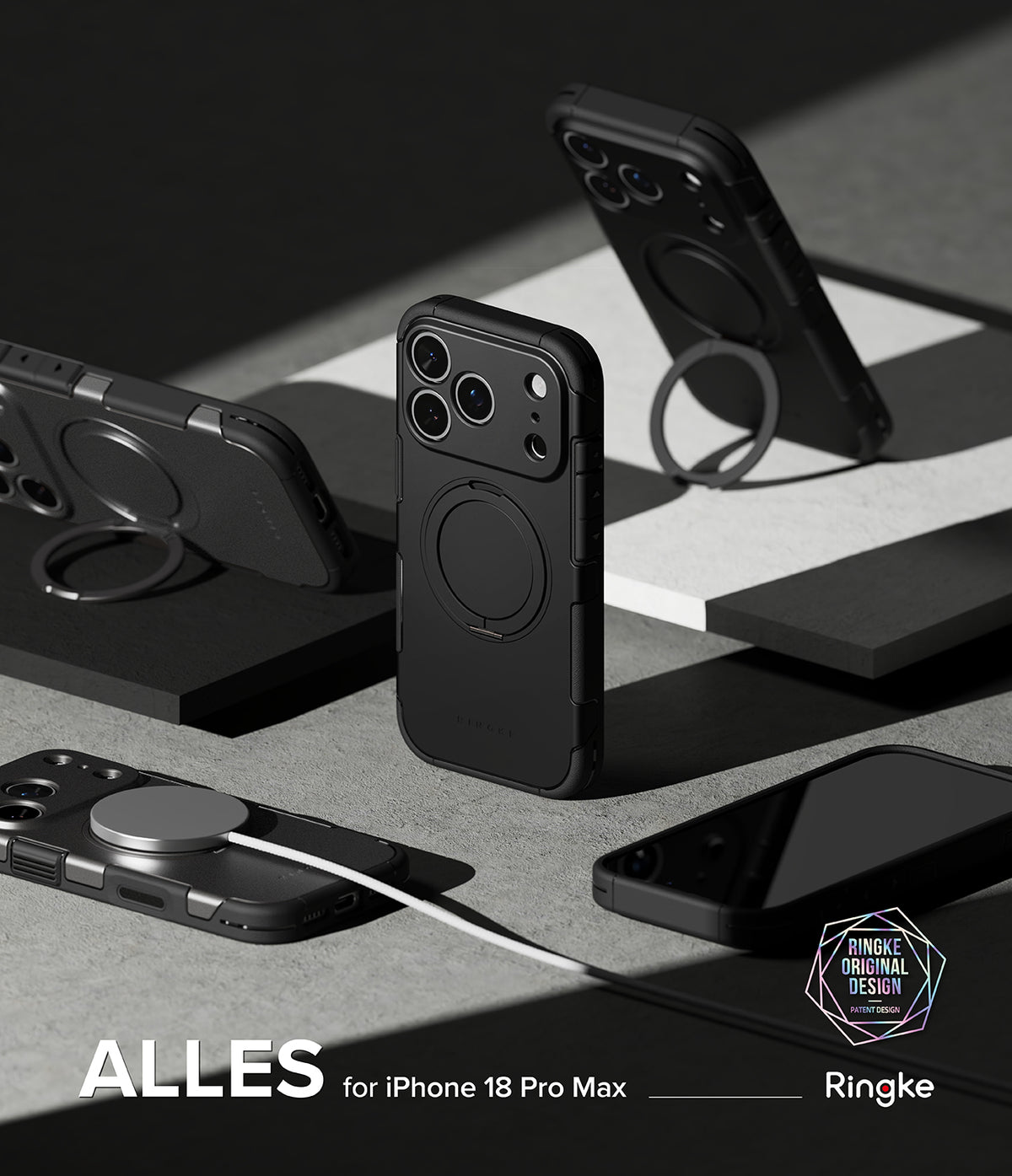 iPhone 18 Pro Max Case | Alles - Black phone cases with ring stands on a gray surface, featuring the Ringke brand.