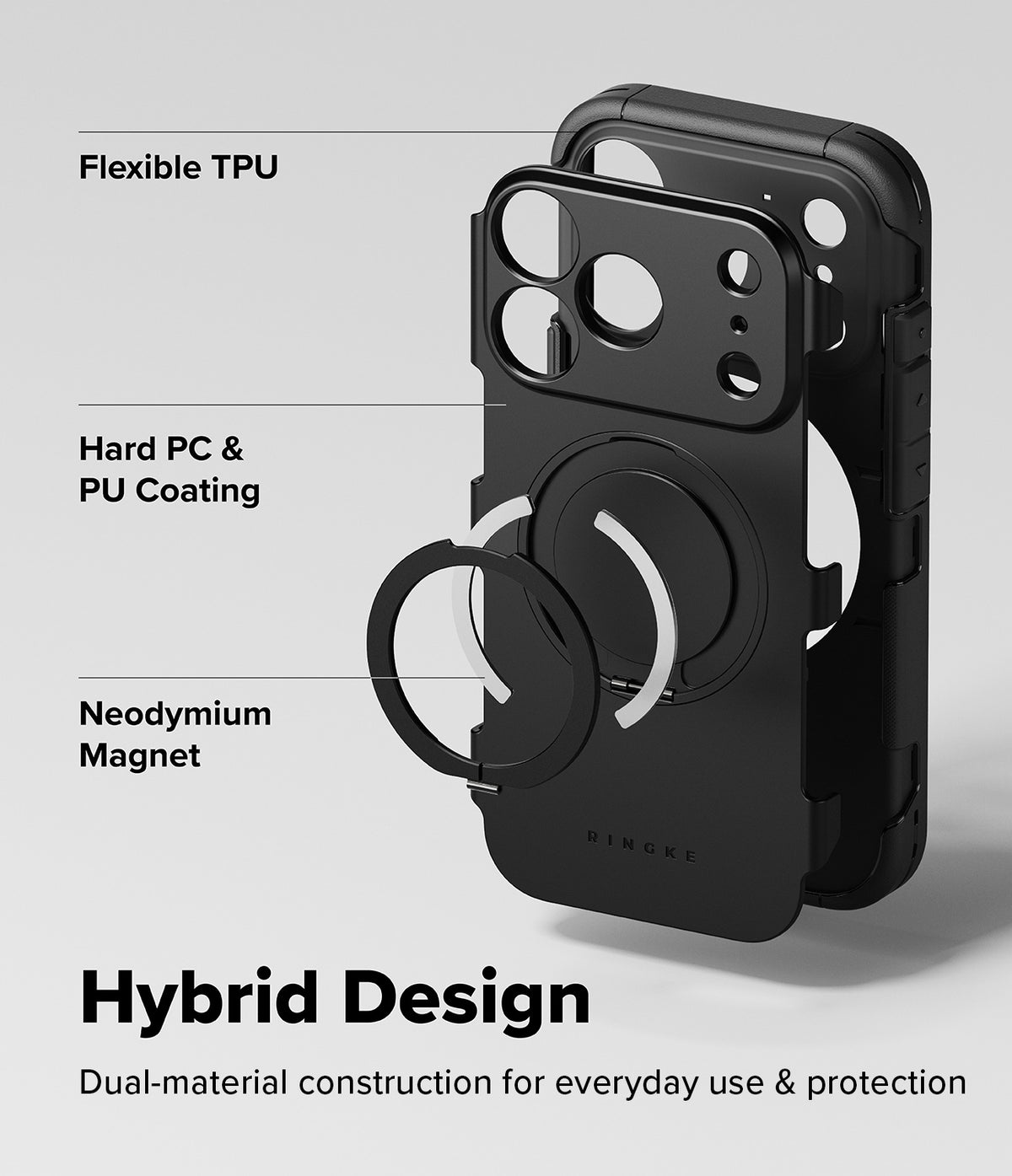 iPhone 18 Pro Max Case | Alles - Black hybrid phone case with text callouts reading Flexible TPU, Hard PC & PU Coating, and Neodymium Magnet, plus the headline Hybrid Design and supporting copy on a light gray background.
