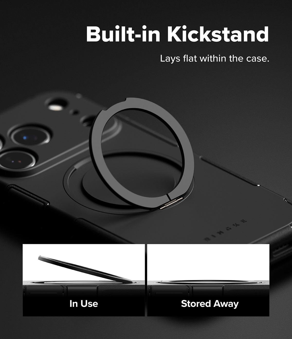 iPhone 18 Pro Max Case | Alles - Black phone case with a built-in circular kickstand ring, shown on a dark background with text reading 'Built-in Kickstand' and two small inset photos demonstrating 'In Use' and 'Stored Away'.