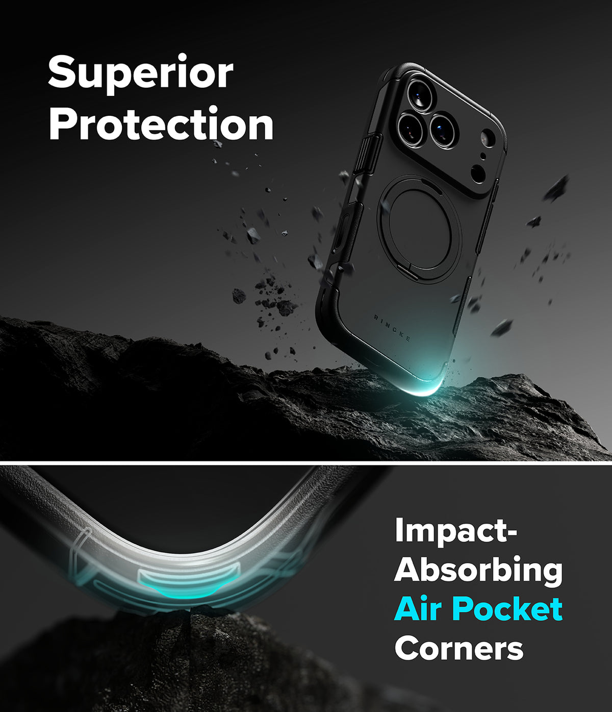iPhone 18 Pro Max Case | Alles - A dark gray rugged phone case with a circular magnetic ring is shown floating above a rocky surface, with text reading 'Superior Protection' and 'Impact-Absorbing Air Pocket Corners.' The lower panel shows a close-up of the curved corner protection with glowing cyan accents.