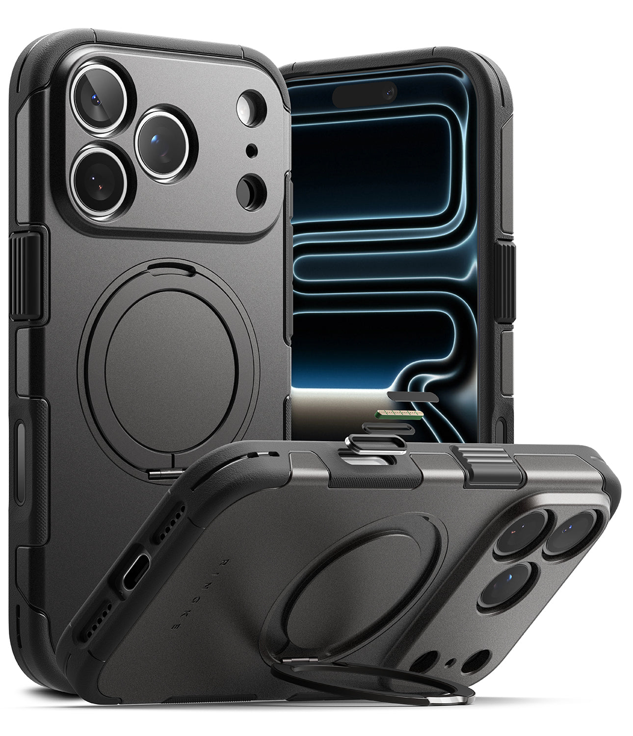 iPhone 18 Pro Max Case | Alles - A rugged black protective phone case shown from multiple angles on a white background, featuring a built-in circular MagSafe-compatible ring, camera cutout, and kickstand function.