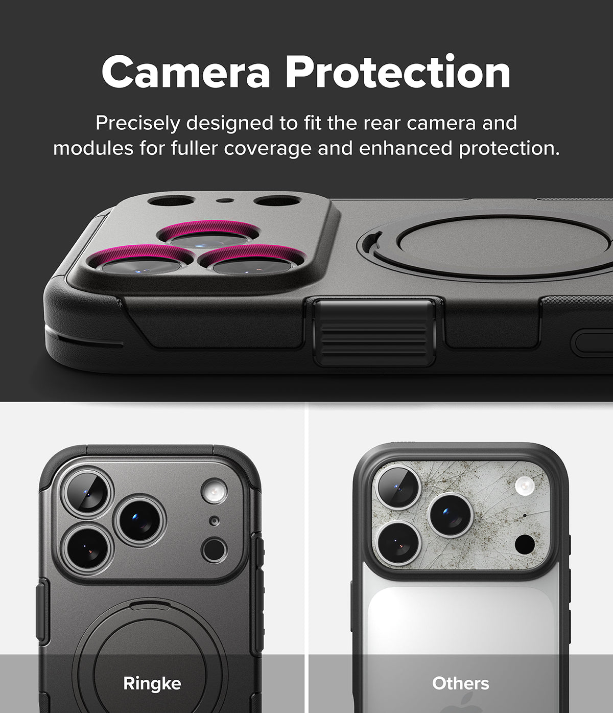 iPhone 18 Pro Max Case | Alles - Black camera protection case with a circular MagSafe ring, shown fitted on a phone from the back. The top section has text reading 'Camera Protection' and shows the case with magenta camera lens accents.