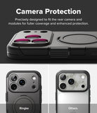 iPhone 18 Pro Max Case | Alles - Black camera protection case with a circular MagSafe ring, shown fitted on a phone from the back. The top section has text reading 'Camera Protection' and shows the case with magenta camera lens accents.