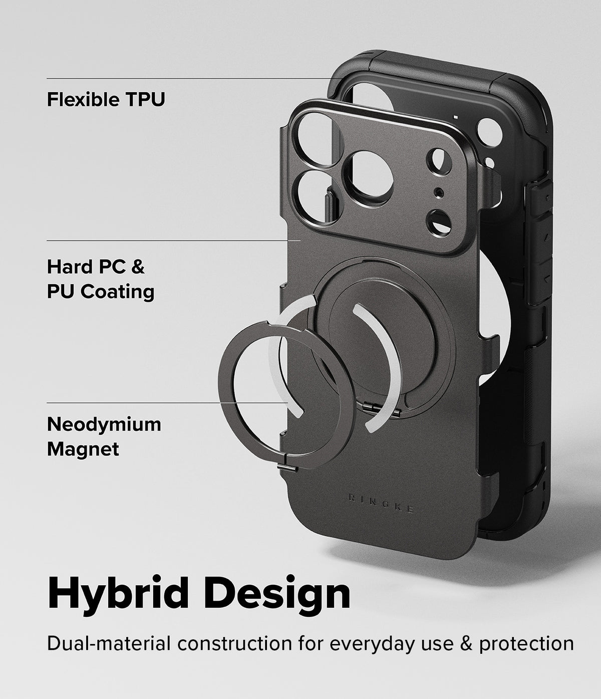 iPhone 18 Pro Max Case | Alles - A black hybrid phone case with a circular magnetic ring and camera cutout, shown on a light gray background with text labels describing its features: Flexible TPU, Hard PC & PU Coating, and Neodymium Magnet.