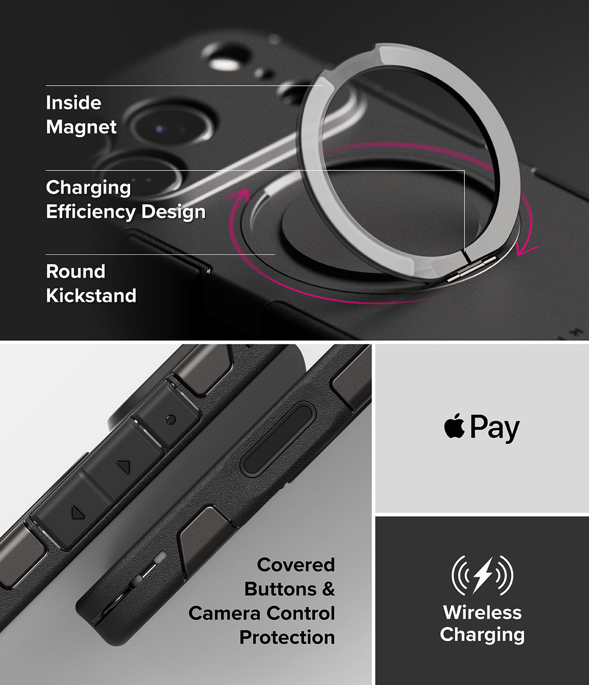 iPhone 18 Pro Max Case | Alles - A black protective phone case with a built-in magnetic ring kickstand, shown in a multi-panel infographic highlighting features like 'Inside Magnet', 'Charging Efficiency Design', 'Round Kickstand', 'Apple Pay', and 'Wireless Charging'.