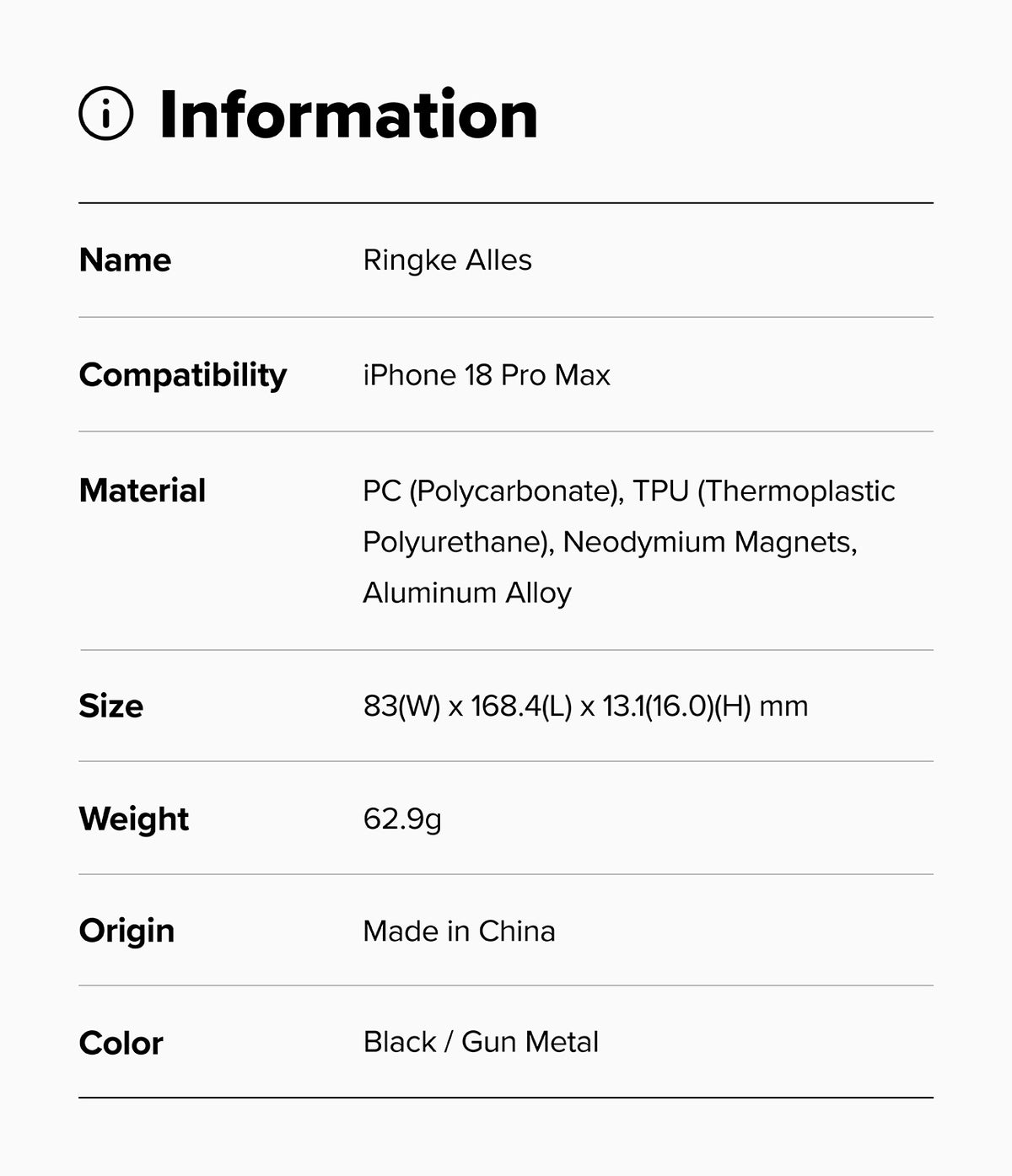 iPhone 18 Pro Max Case | Alles - Product information card for Ringke Alles case with specifications on a white background