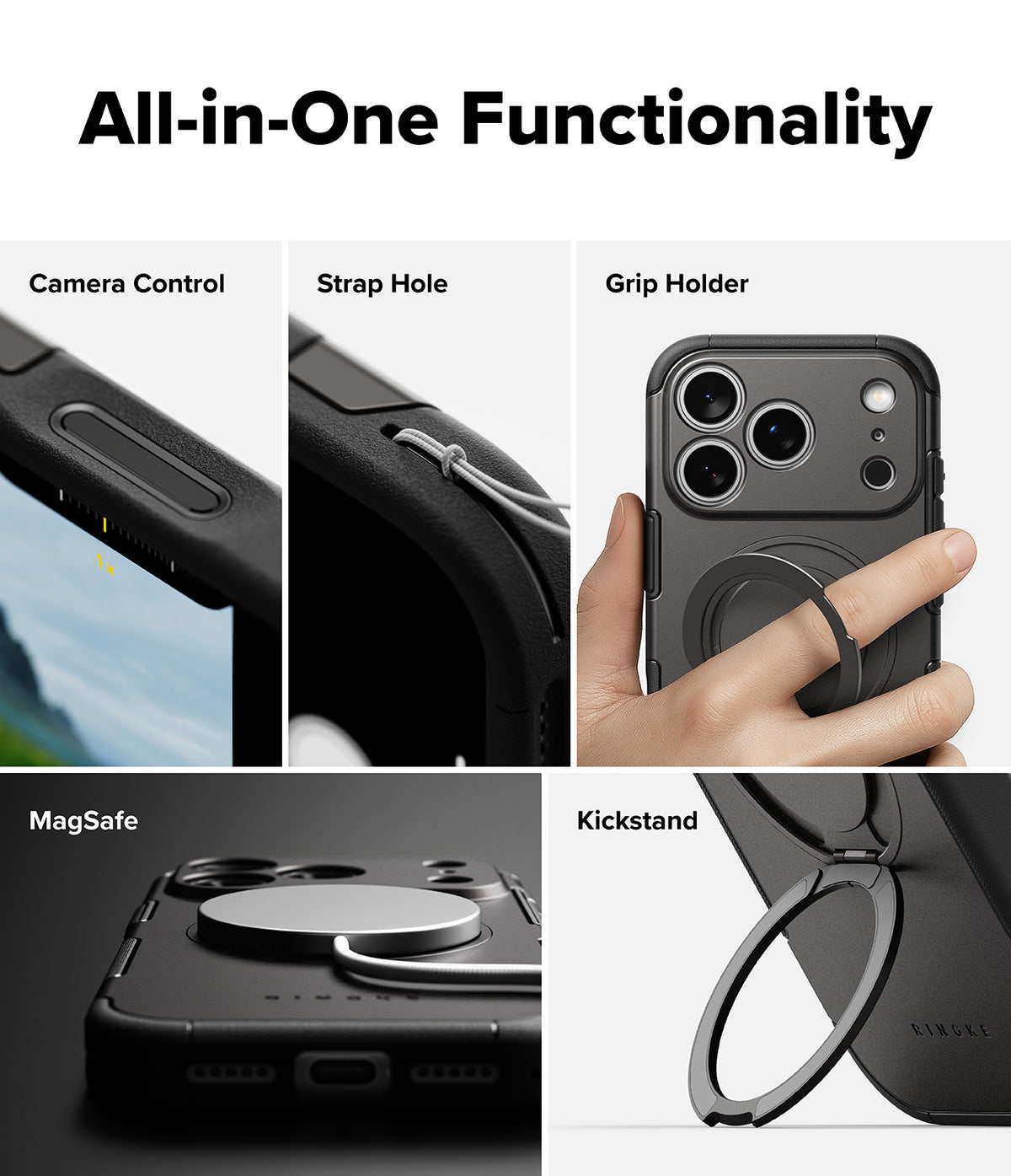iPhone 18 Pro Max Case | Alles - A promotional collage showing a black all-in-one phone case with multiple features: camera control, strap hole, grip holder, MagSafe compatibility, and kickstand. A hand is visible holding the case in one panel, and the text 'All-in-One Functionality' appears at the top.