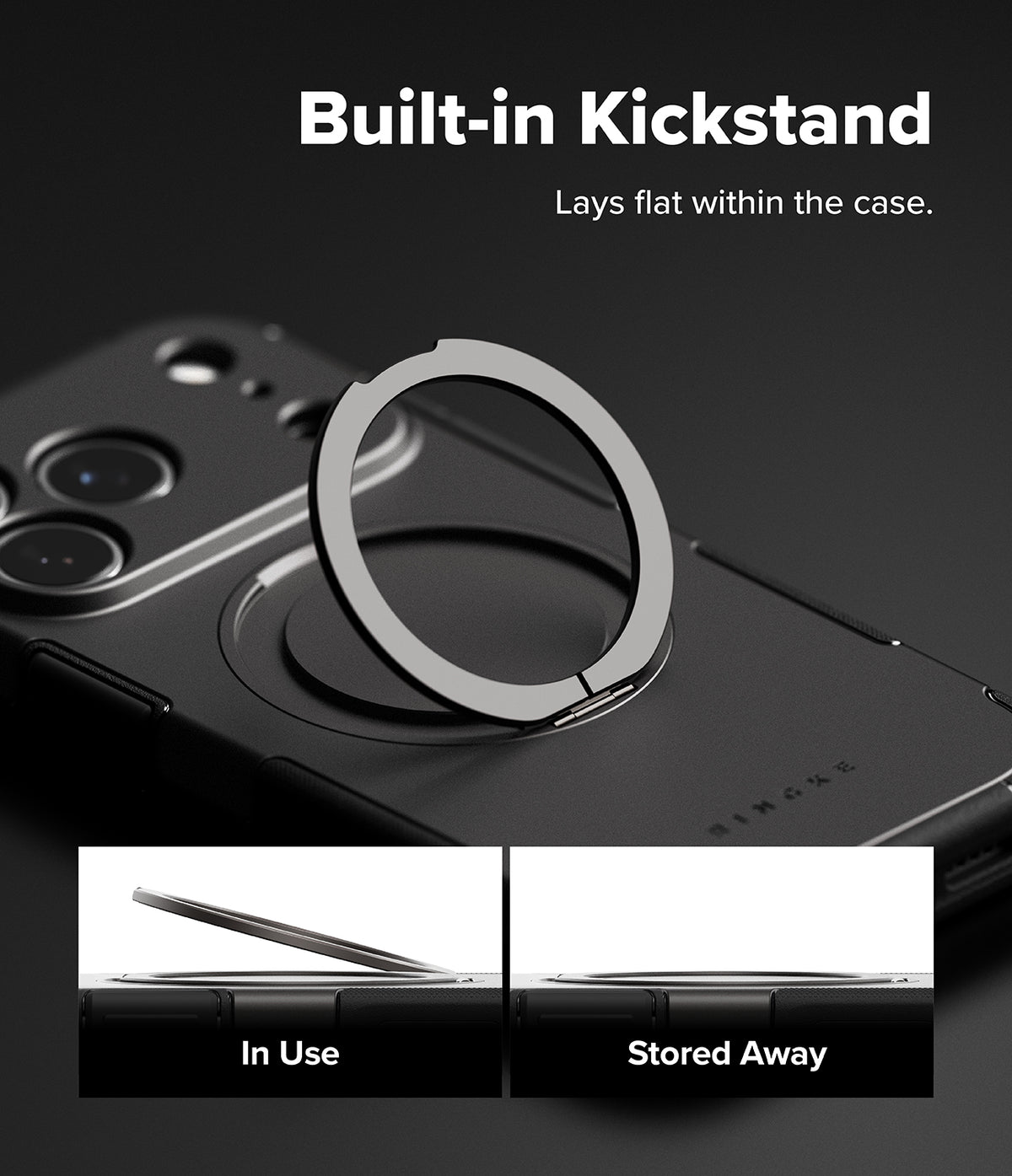 iPhone 18 Pro Max Case | Alles - A black phone case with a built-in circular kickstand ring, shown on a dark background with text reading 'Built-in Kickstand' and two small inset images demonstrating 'In Use' and 'Stored Away' positions.
