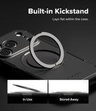 iPhone 18 Pro Max Case | Alles - A black phone case with a built-in circular kickstand ring, shown on a dark background with text reading 'Built-in Kickstand' and two small inset images demonstrating 'In Use' and 'Stored Away' positions.