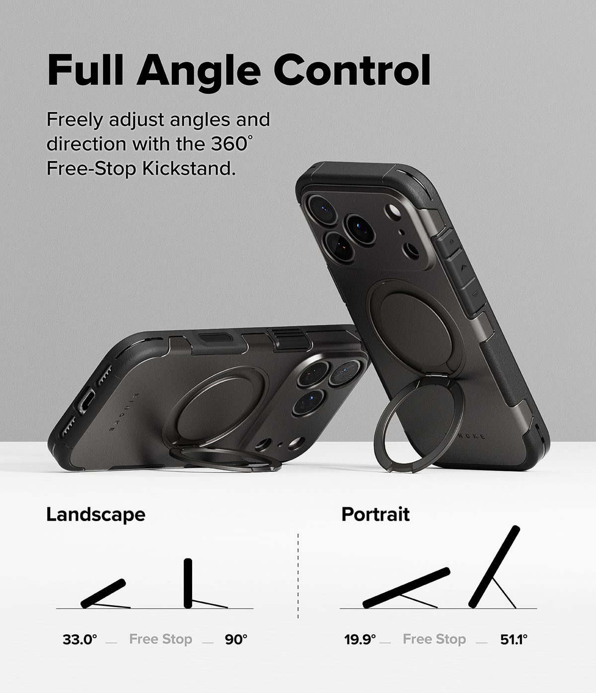 iPhone 18 Pro Max Case | Alles - Black protective phone case with a built-in kickstand, shown from multiple angles with text explaining full-angle control and landscape/portrait positions on a light gray background.