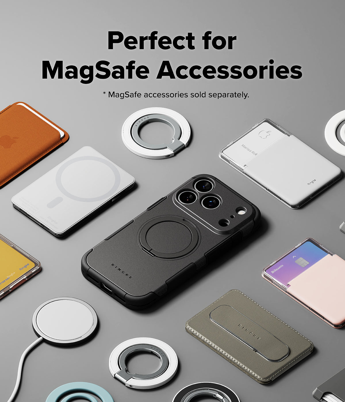 iPhone 18 Pro Max Case | Alles - A black protective phone case with a circular MagSafe ring is shown in a styled flat-lay arrangement with other MagSafe accessories and phones on a gray background. Text at the top reads 'Perfect for MagSafe Accessories' with a note that MagSafe accessories are sold separately.