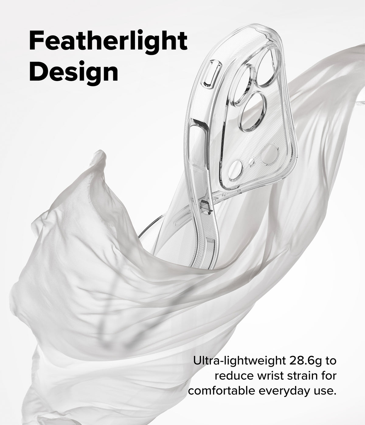 iPhone 18 Pro / Pro Max Case Air all-groups - Transparent phone case with a clear featherlight design, shown floating on a white background with draped white fabric and text describing its ultra-lightweight 28.6g design.