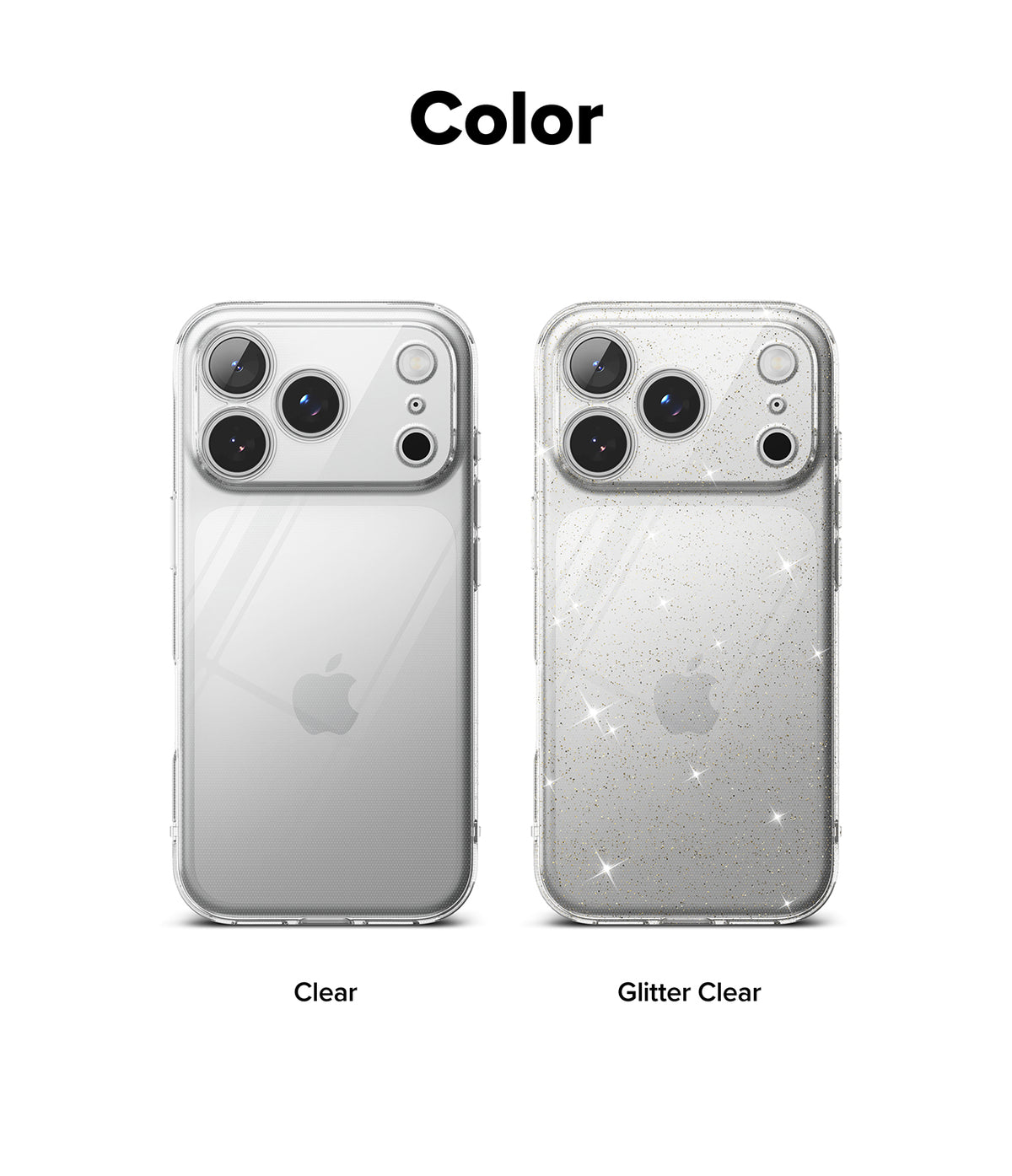 iPhone 18 Pro / Pro Max Case Air all-groups - Two clear phone cases shown on a smartphone back, labeled 'Clear' and 'Glitter Clear' under the heading 'Color'. The left case is transparent and mirror-like, while the right case is transparent with fine silver glitter and sparkle effects.
