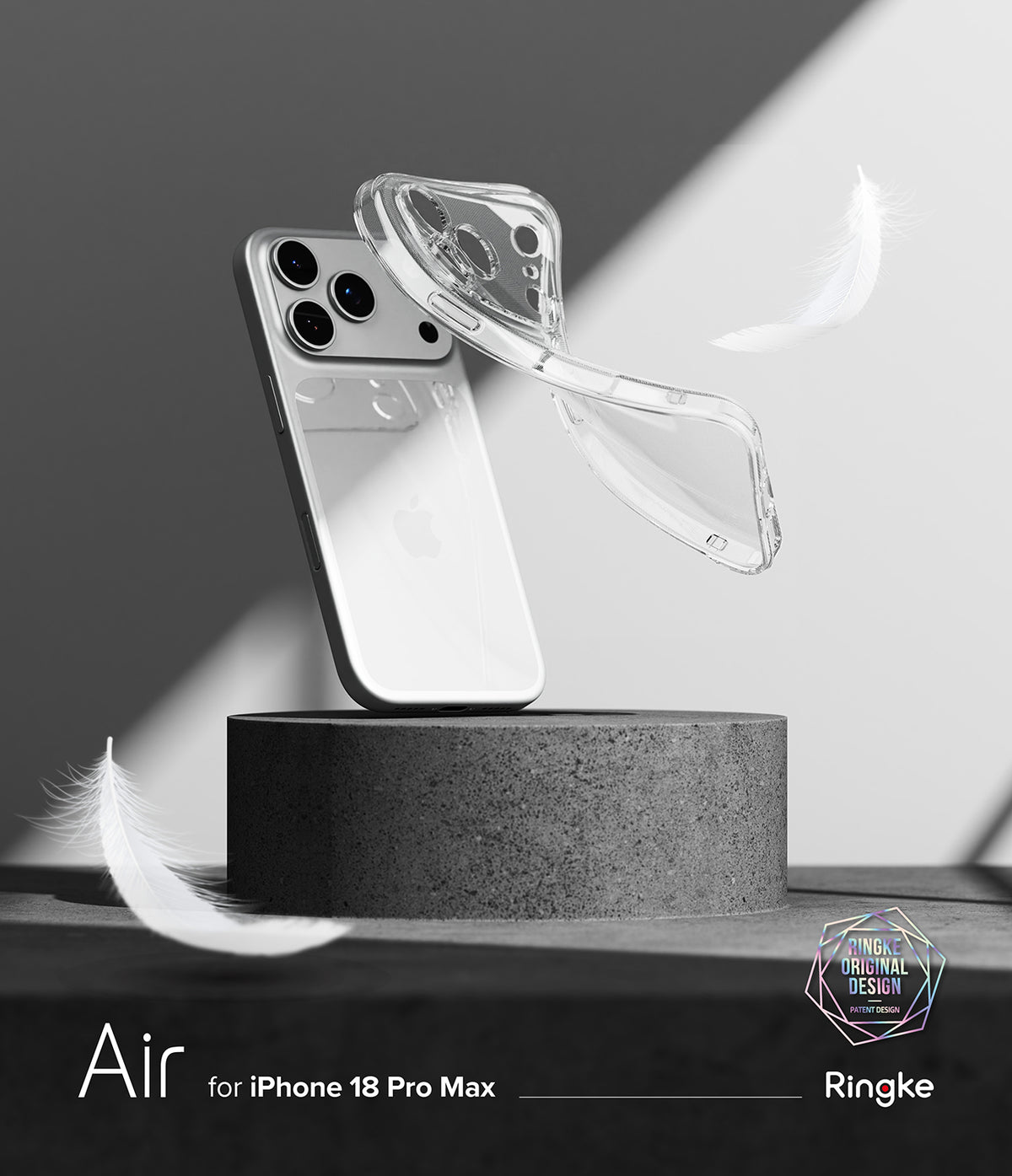 iPhone 18 Pro Max Case | Air - Transparent protective phone case for iPhone 18 Pro Max, shown floating above a dark gray pedestal with a white iPhone behind it. The image is monochrome with feather props and text reading 'Air for iPhone 18 Pro Max' and 'Ringke'.