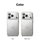 iPhone 18 Pro Max Case | Air - Two clear phone cases shown on a smartphone back, labeled 'Clear' and 'Glitter Clear' under the heading 'Color'. The left case is transparent and mirror-like, while the right case is transparent with fine silver glitter and sparkle effects.
