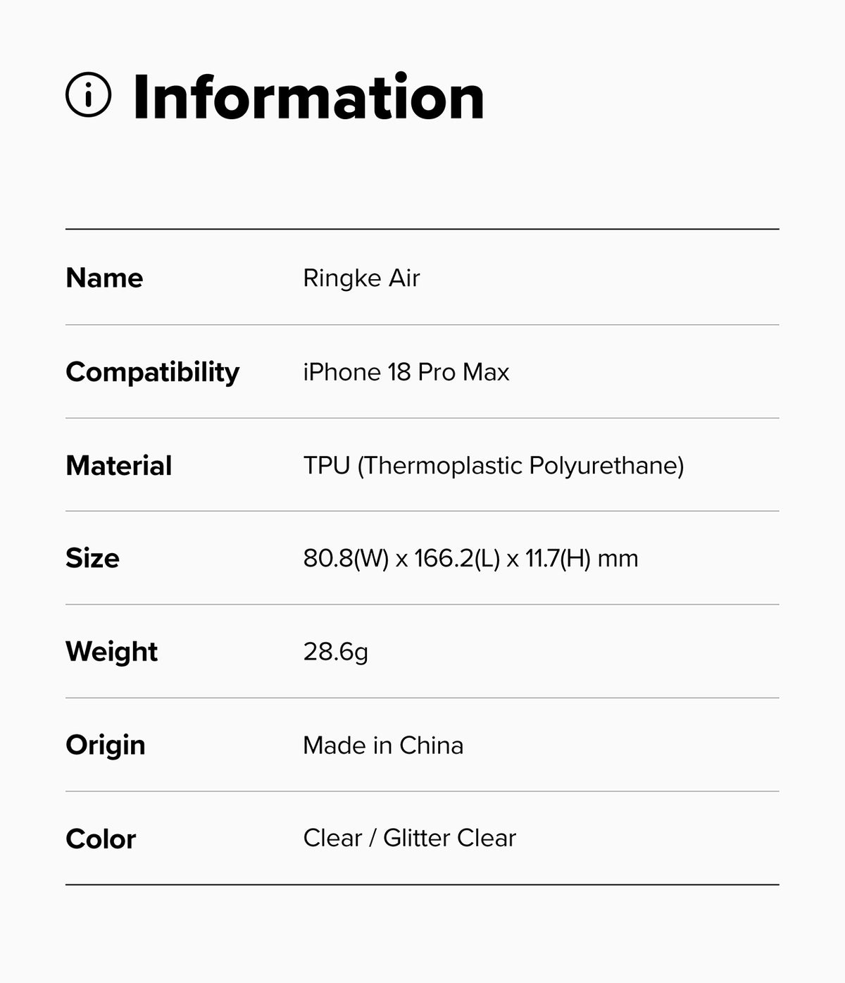 iPhone 18 Pro Max Case | Air - A product information card with a light gray background and black text listing details for a Ringke Air case: compatibility with iPhone 18 Pro Max, TPU material, dimensions, weight, and color as clear/glitter clear.