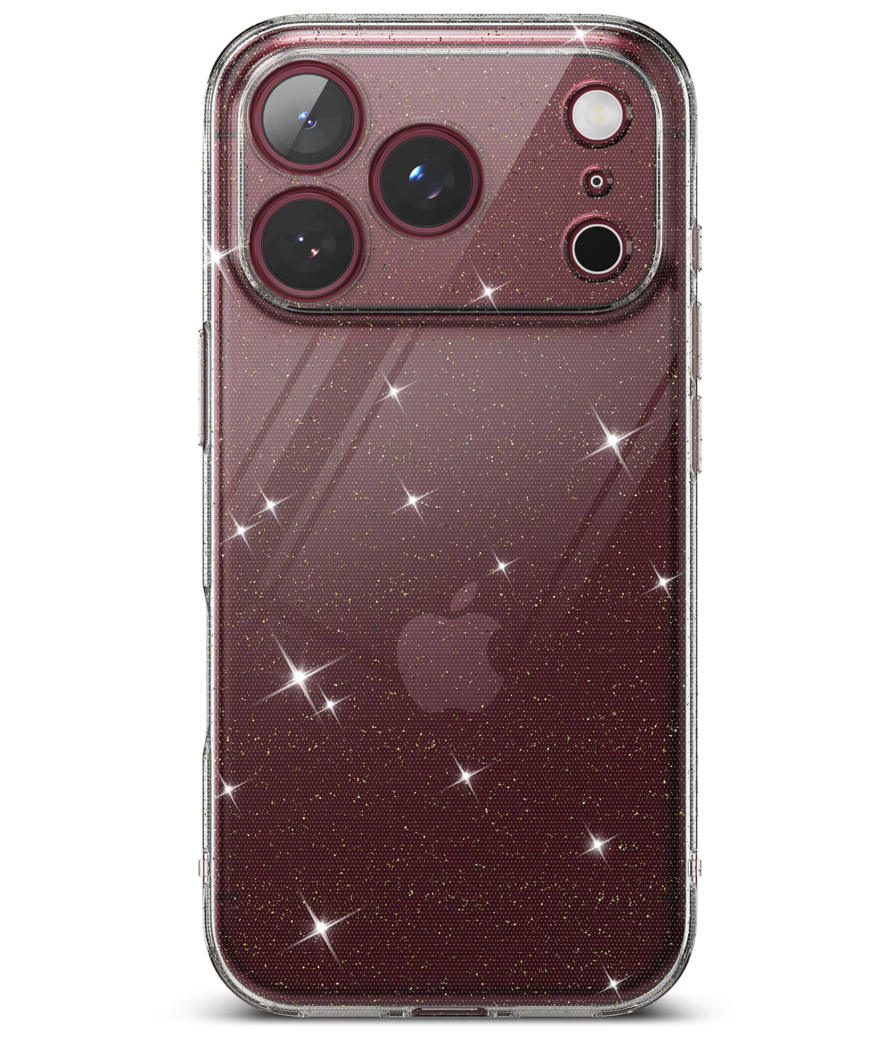 iPhone 18 Pro Max Case | Air - A clear glitter phone case shown on a smartphone from both the back and front angles, with a dark blue and black abstract wallpaper on the screen.