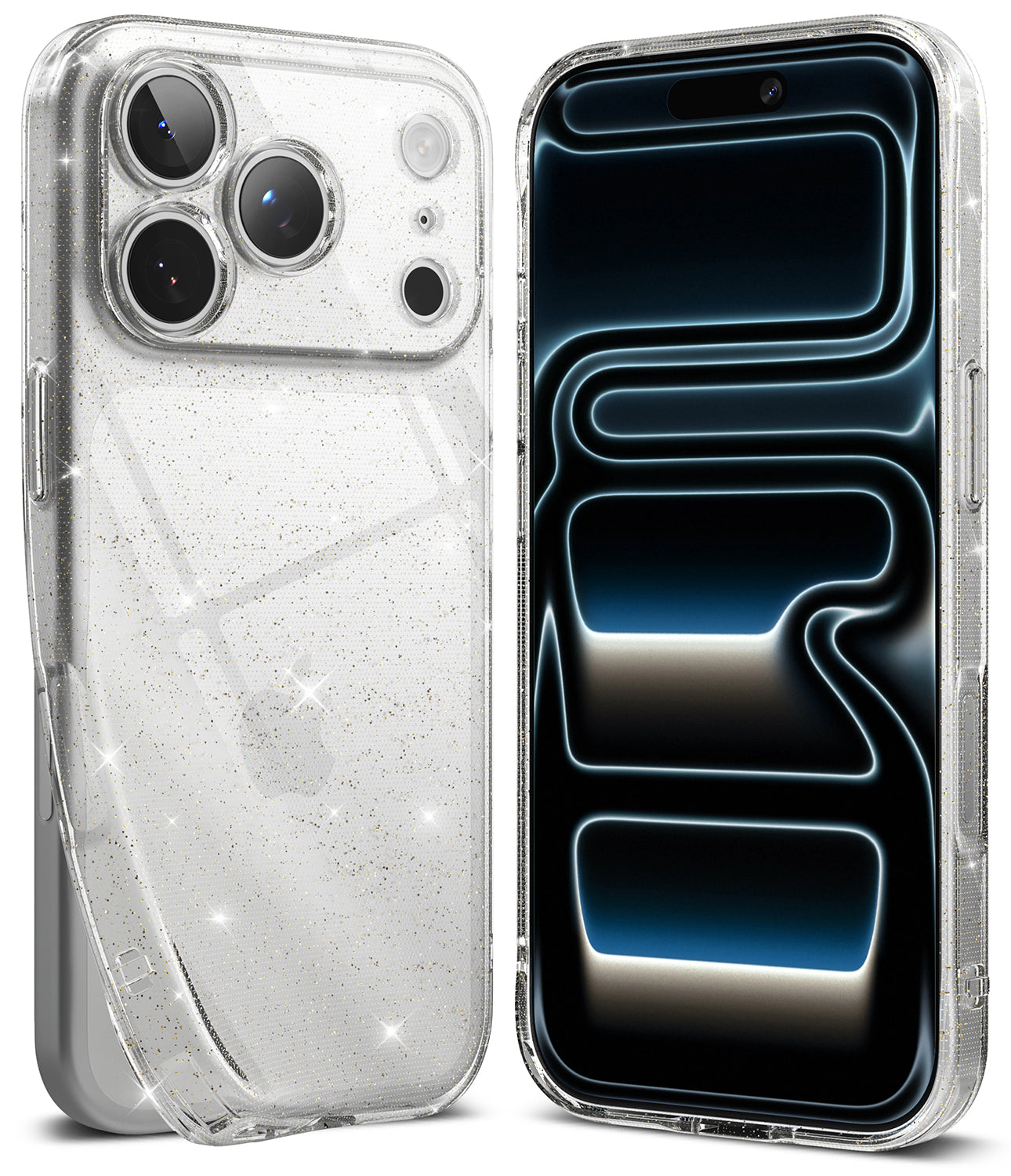 iPhone 18 Pro Max Case | Air - A clear glitter phone case shown on a smartphone from both the back and front angles, with a dark blue and black abstract wallpaper on the screen.
