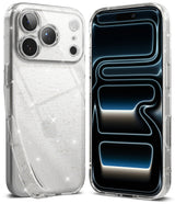 iPhone 18 Pro Max Case | Air - A clear glitter phone case shown on a smartphone from both the back and front angles, with a dark blue and black abstract wallpaper on the screen.