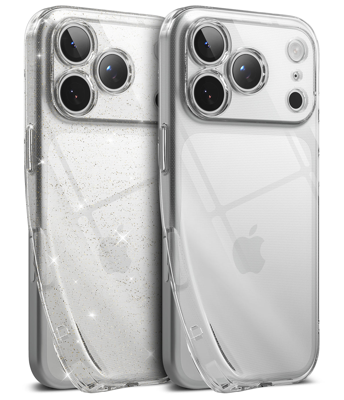 iPhone 18 Pro Max Case | Air - Two clear phone cases shown from the back, one with subtle glitter and one with a textured pattern, fitted on silver iPhones against a white background.