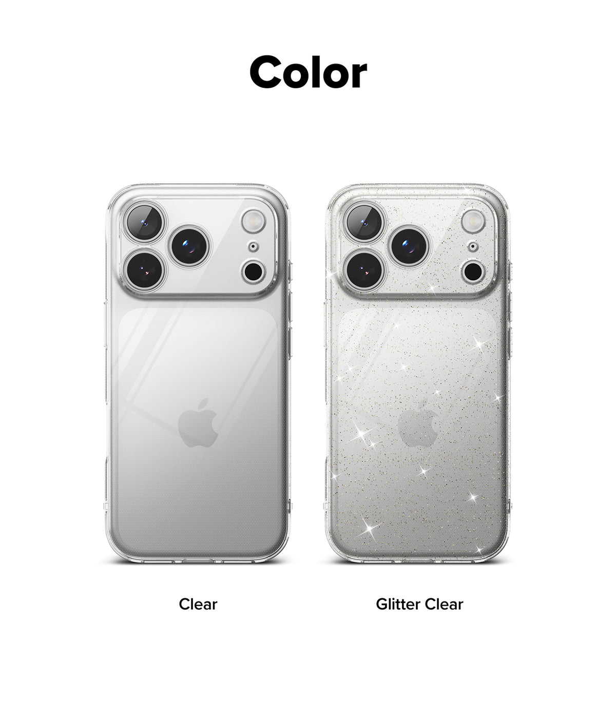 iPhone 18 Pro Max Case | Air - Two clear phone cases shown on a white background under the heading 'Color'. The left case is labeled 'Clear' and appears transparent with a subtle reflective finish.