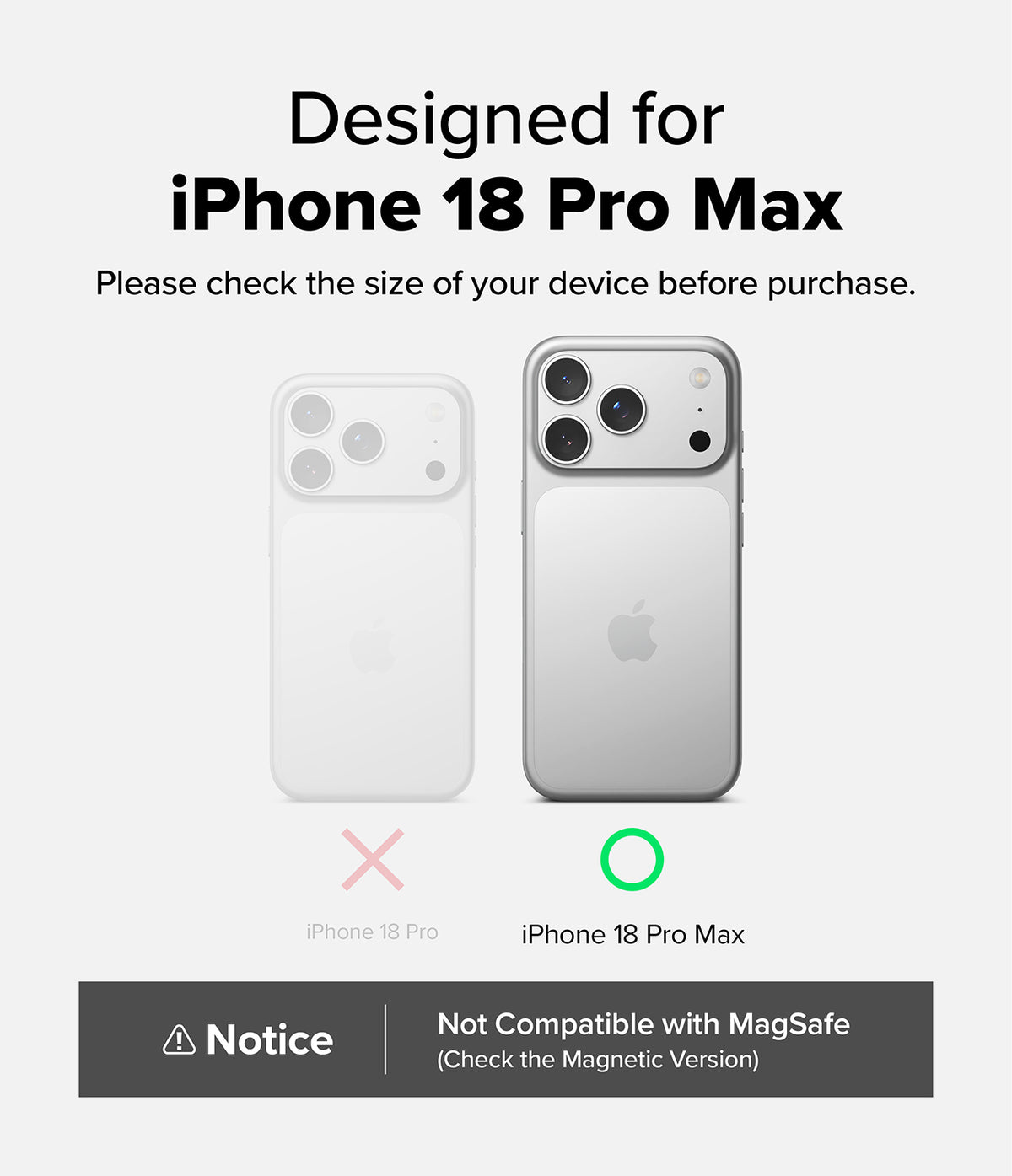 iPhone 18 Pro Max Case | Air - Compatibility graphic for an iPhone 18 Pro Max phone case, showing a white case designed for the larger iPhone 18 Pro Max and a silver phone case designed for the iPhone 18 Pro. Text states 'Designed for iPhone 18 Pro Max' and includes a notice that it is not compatible with MagSafe.