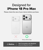 iPhone 18 Pro Max Case | Air - Compatibility graphic for an iPhone 18 Pro Max phone case, showing a white case designed for the larger iPhone 18 Pro Max and a silver phone case designed for the iPhone 18 Pro. Text states 'Designed for iPhone 18 Pro Max' and includes a notice that it is not compatible with MagSafe.
