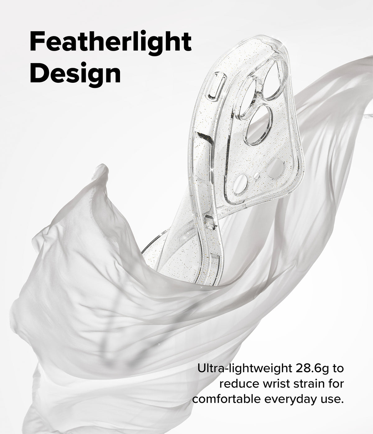 iPhone 18 Pro Max Case | Air - A clear transparent phone case with a camera cutout and button openings, shown floating against a white background with flowing translucent fabric and text reading 'Featherlight Design' and 'Ultra-lightweight 28.6g to reduce wrist strain for comfortable everyday use.