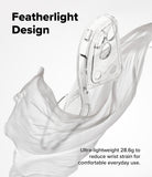 iPhone 18 Pro Max Case | Air - A clear transparent phone case with a camera cutout and button openings, shown floating against a white background with flowing translucent fabric and text reading 'Featherlight Design' and 'Ultra-lightweight 28.6g to reduce wrist strain for comfortable everyday use.