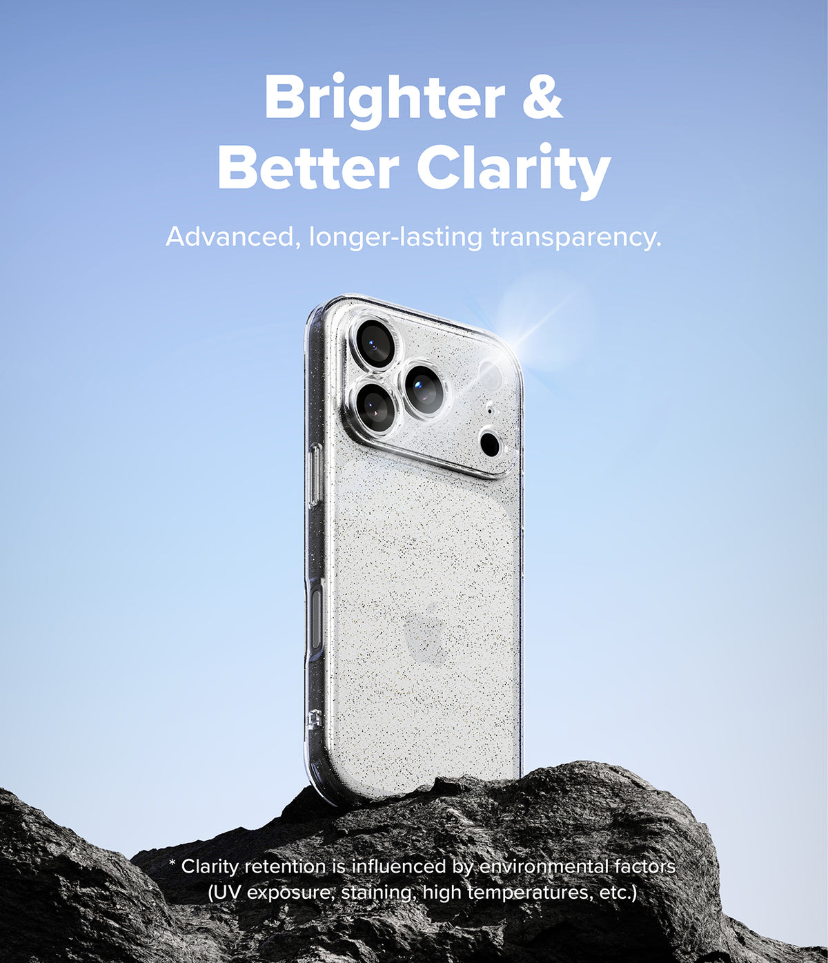 iPhone 18 Pro Max Case | Air - A clear textured phone case shown on a smartphone, standing on dark rocks against a blue sky background. White text at the top reads 'Brighter & Better Clarity' with smaller copy below, and a small disclaimer appears at the bottom.