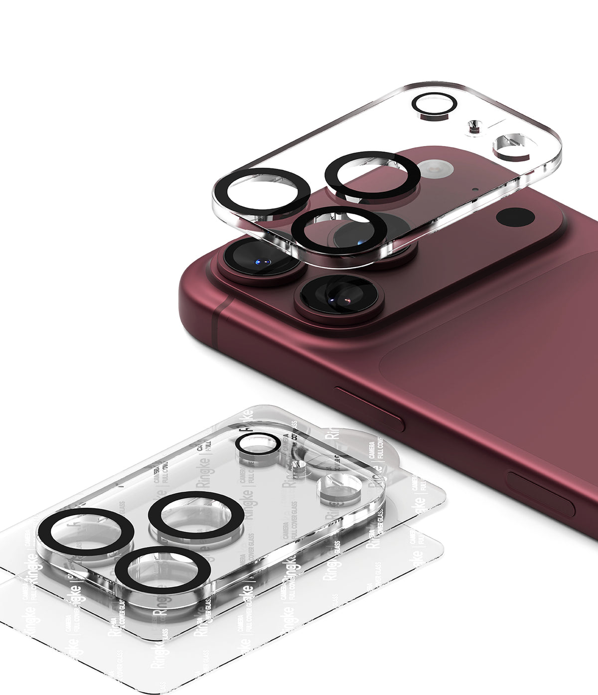 iPhone 18 Pro Max Camera Protector | Camera Full Cover Tempered Glass (2 Pack) - Ringke camera full cover tempered glass protector set shown on a smartphone with multiple circular lens protectors applied, alongside the product packaging box.