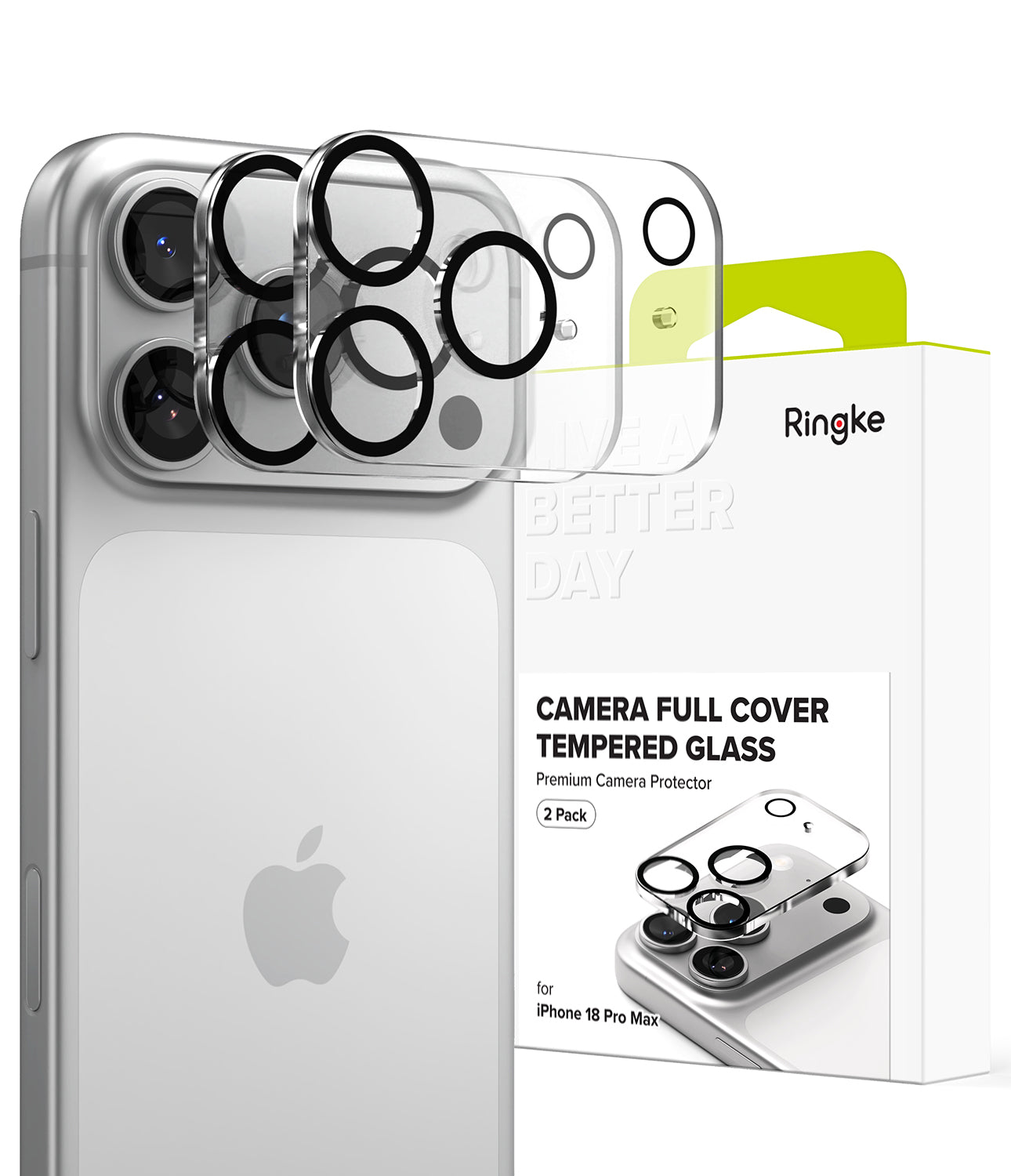 iPhone 18 Pro Max Camera Protector | Camera Full Cover Tempered Glass (2 Pack) - Ringke camera full cover tempered glass protector set shown on a smartphone with multiple circular lens protectors applied, alongside the product packaging box.