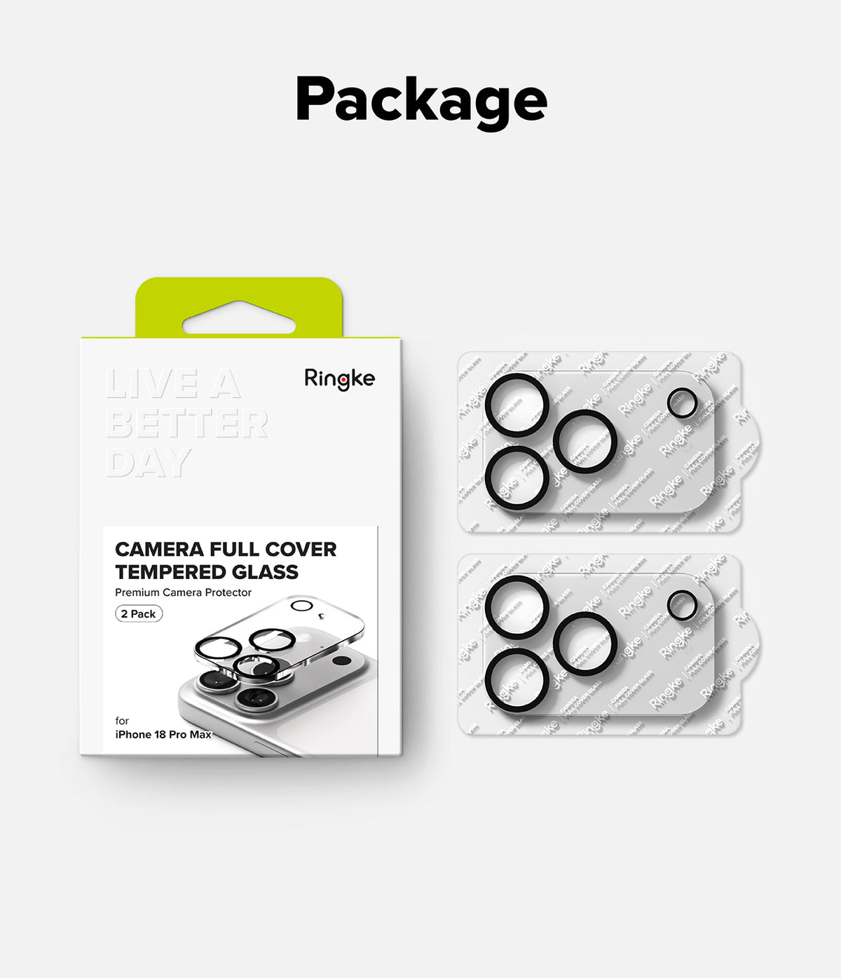 iPhone 18 Pro Max Camera Protector | Camera Full Cover Tempered Glass (2 Pack) - Ringke camera full cover tempered glass 2-pack shown with its white retail box and two individual glass protector pieces on a light gray background under the heading 'Package'.