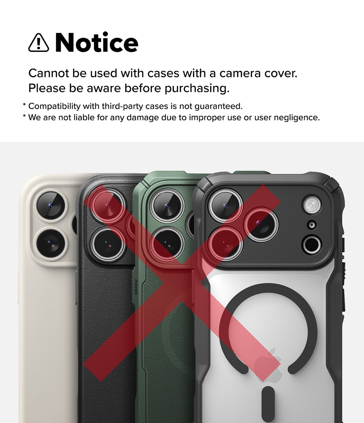iPhone 18 Pro Max Camera Protector | Camera Full Cover Tempered Glass (2 Pack) - Compatibility notice graphic stating that the phone case cannot be used with a camera cover and should be purchased separately, with three phone case back views shown below and a large red X over the camera area.