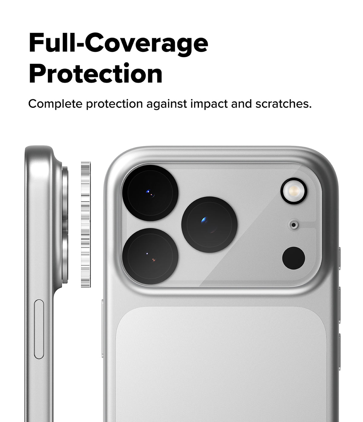 iPhone 18 Pro Max Camera Protector | Camera Full Cover Tempered Glass (2 Pack) - A silver smartphone shown from the back with a clear protective bumper around the camera and flash, plus a side profile view demonstrating full coverage. Large text reads 'Full-Coverage Protection' with smaller text below stating 'Complete protection against impact and scratches.