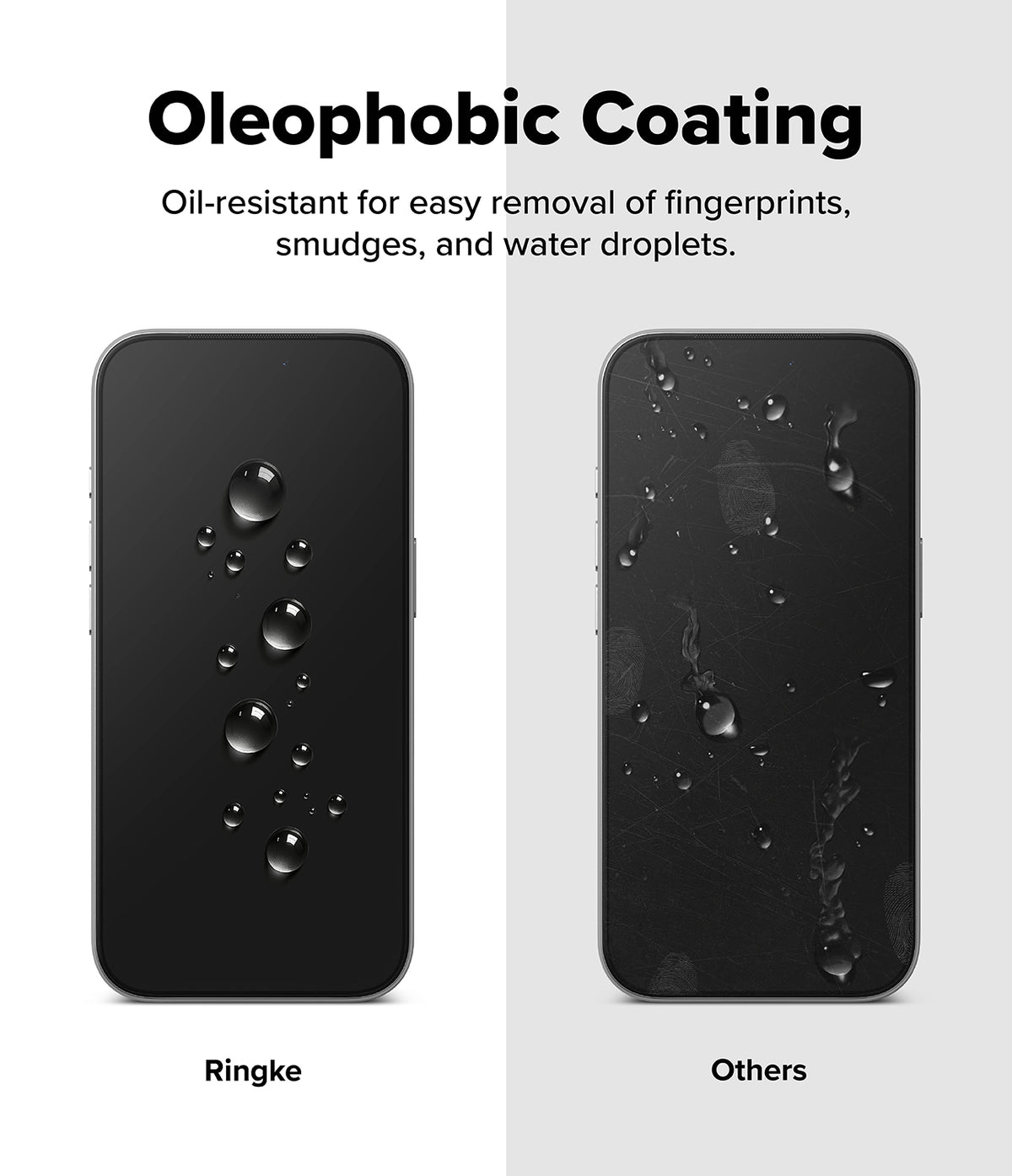 iPhone 18 Pro / Pro Max AR Screen & Camera Protectors all-groups - Comparison of Oleophobic coating on Ringke and non-Ringke phone cases with oil droplets.