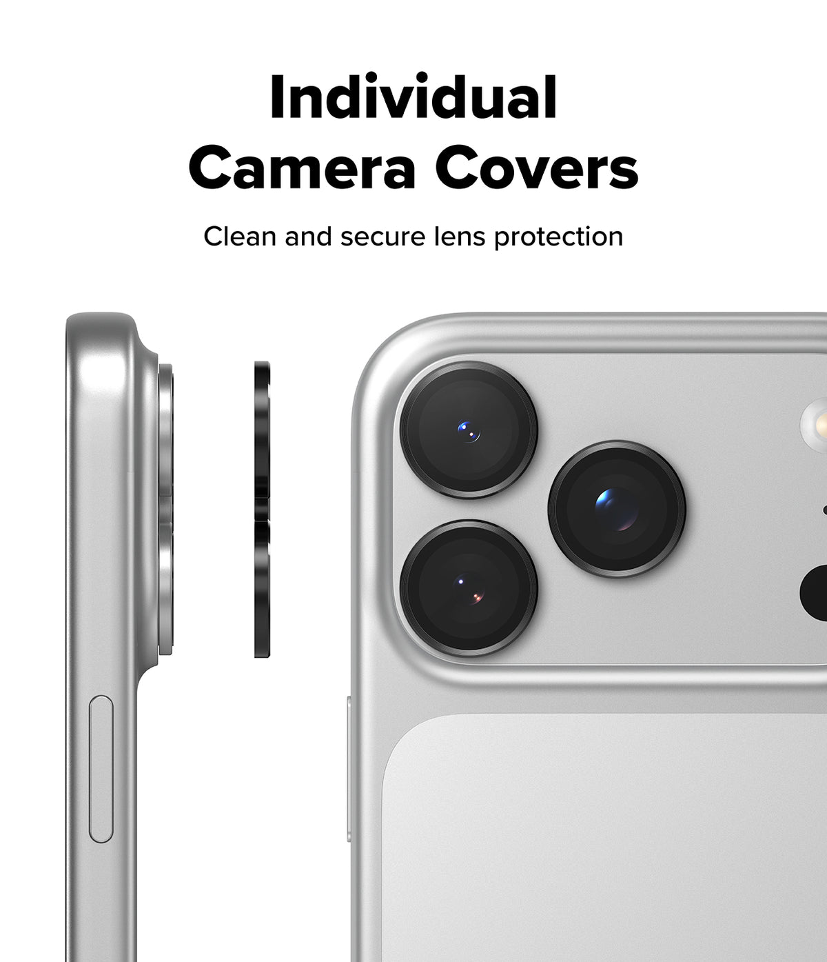iPhone 18 Pro / Pro Max AR Screen & Camera Protectors all-groups - A silver smartphone shown from the back with a close-up of its camera area, alongside a separate black circular camera cover and a side profile view of the phone. Text at the top reads 'Individual Camera Covers' and 'Clean and secure lens protection.