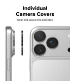 iPhone 18 Pro / Pro Max AR Screen & Camera Protectors all-groups - A silver smartphone shown from the back with a close-up of its camera area, alongside a separate black circular camera cover and a side profile view of the phone. Text at the top reads 'Individual Camera Covers' and 'Clean and secure lens protection.