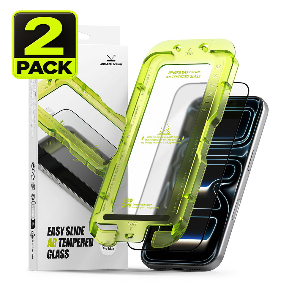 iPhone 18 Pro Max Screen Protector | Easy Slide AR Tempered Glass (2 Pack) - Two clear tempered glass screen protectors in translucent neon green holders, shown with their retail box and a smartphone on a white background. A large '2 PACK' badge appears in the top-left corner.