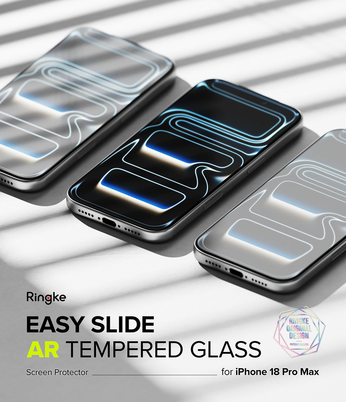 iPhone 18 Pro Max Screen Protector | Easy Slide AR Tempered Glass - Three smartphones shown at an angle with transparent screen protectors featuring a glowing AR-style geometric outline. Text on the image reads 'Ringke EASY SLIDE AR TEMPERED GLASS' and 'Screen Protector for iPhone 18 Pro & 17 Pro'.