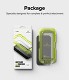 iPhone 18 Pro Max Screen Protector | Easy Slide AR Tempered Glass - Ringke Easy Slide AR Tempered Glass screen protector set, showing the retail packaging on the left and the protective case with the glass protector on a black stand on the right, in a bright lime green color, with text above reading 'Package Specially designed for complete & perfect attachment'.