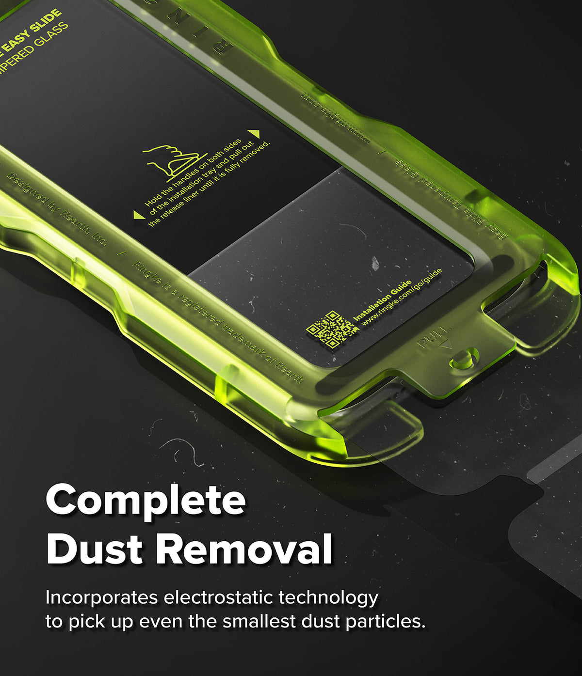 iPhone 18 Pro Max Screen Protector | Easy Slide AR Tempered Glass - Green phone case with dust removal feature on a black background