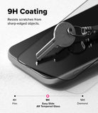 iPhone 18 Pro Max Screen Protector | Easy Slide AR Tempered Glass - Smartphone with tempered glass screen protector resisting a key, with scratch resistance rating displayed.