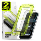 iPhone 18 Pro Max Screen Protector | Easy Slide Tempered Glass (2 Pack) - Two translucent lime green tempered glass screen protectors shown with a smartphone, alongside the product box. A large '2 PACK' badge appears in the top-left corner.