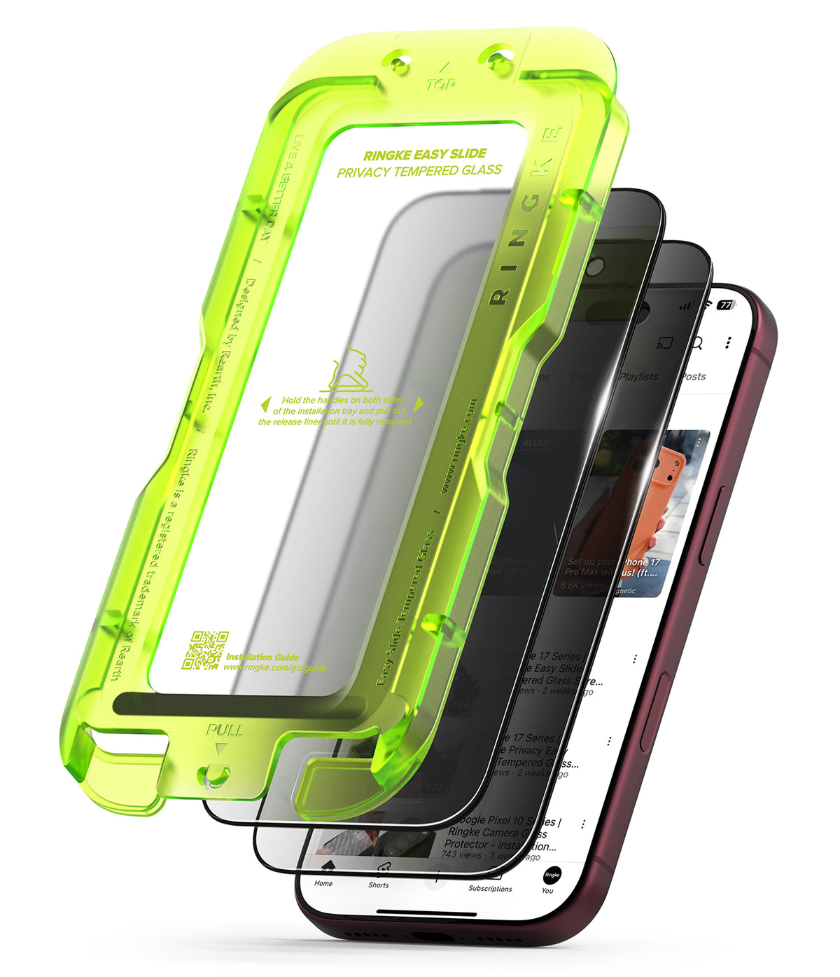 iPhone 18 Pro Max Screen Protector | Easy Slide Privacy Tempered Glass - Two translucent neon yellow-green privacy phone cases shown with retail packaging and two smartphone mockups on a white background. A large '2 PACK' badge appears in the top-left corner.